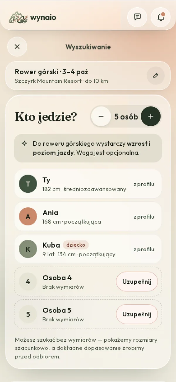 Ekran aplikacji Wynaio: Kto jedzie? — pięć osób z wymiarami